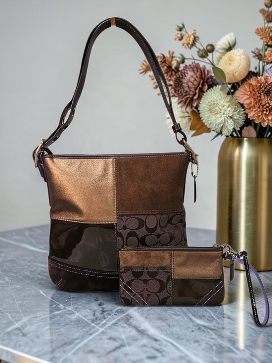 Coach Handbags - Coach NWOTS 2006 Bronze & Brown Patchwork Shoulder Bag w/Matching Wristlet SET